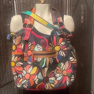 Multicolor Floral Appliqué Shoulder Bag - Black Base